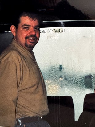 Pete on the coach for a day out in France. 1997.