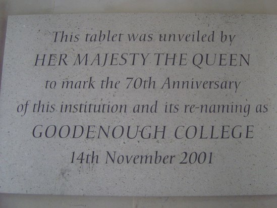 Plaque commemorating the 70th Anniversary and re-naming of of Goodenough College on 14 Nov 2001