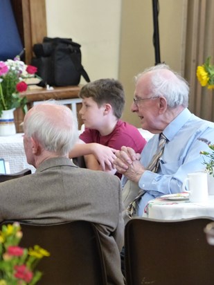 Bob Burt, Samuel Rushton and David at Marion and Geoff's Diamond Wedding July 2019.