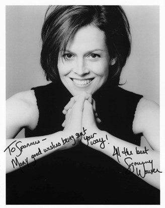 Sigourney Weaver with signed message to Dan.