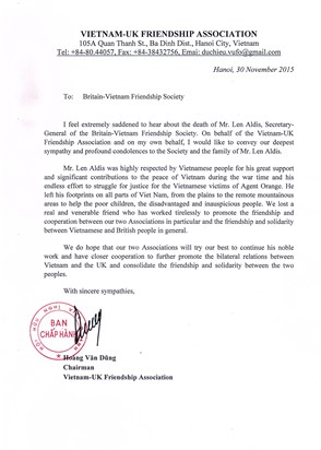 Letter from Vietnam-UK Friendship Association
