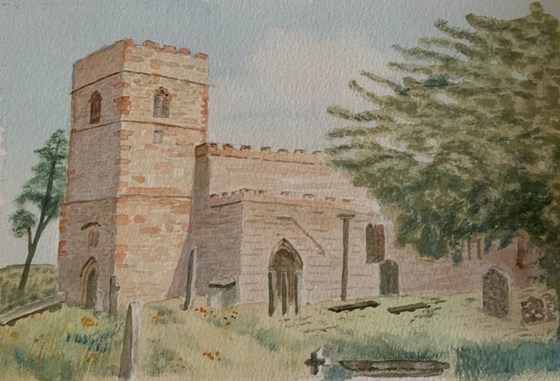 Staff's watercolour painting of Dacre Church 