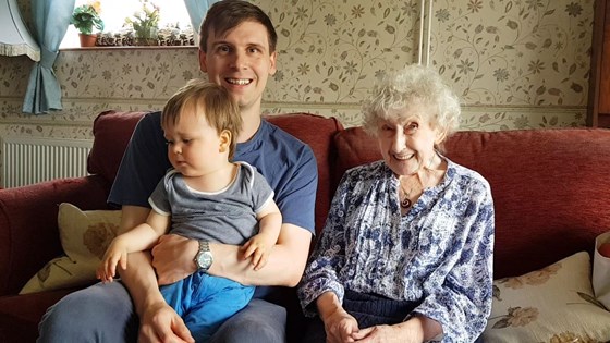 Pearl, grandson Matthew, and great-grandson Arthur, July 2019.