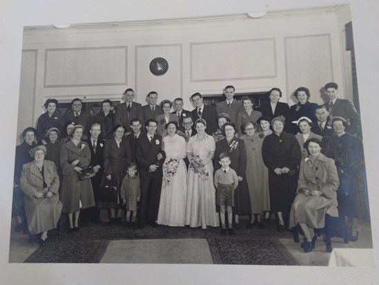 Wedding main group 27th November 1954. Note Uncle Reg (front row) and Auntie Dorothy (back row)