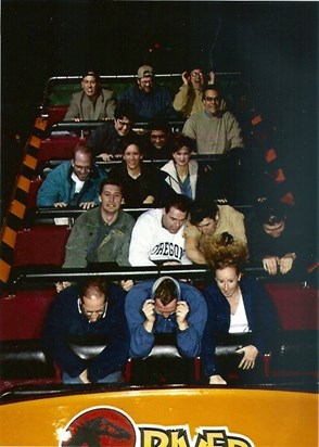Robert and EY colleagues enjoying(?) Jurassic Park The Ride 1998/99/00?