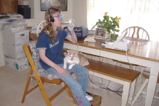 Rae Cherie listening to tunes with Buddy