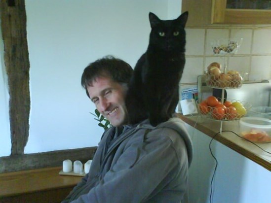 Sprint has found a comfy perch on Andy's shoulder ... copying Bibi we think!