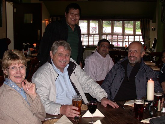 JKS having beer with fellows and staff at Carnforth barge trip in 2006