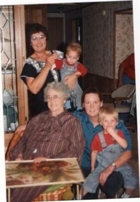 Barb, Grandma Mary, daughter Rina, and grandsons Josh and Johnny, 1987