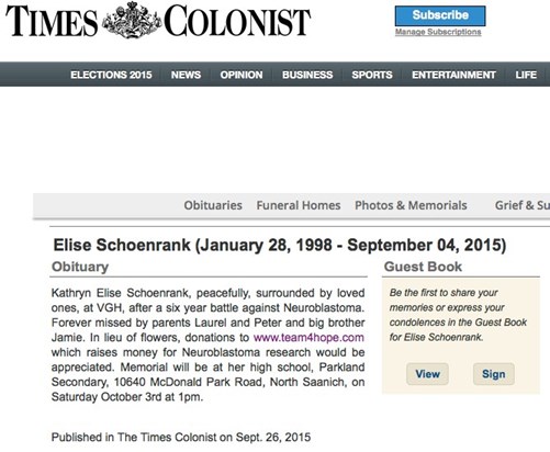 Elise's Obituary in the Times-Colonist