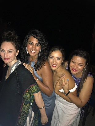 Sara, Saleema, Scarlet, and Thenny at Scarlet's wedding in Greece