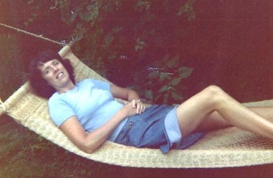 Jenny relaxing in the hammock at School Road, Charlton Kings ?1980?