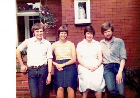 Shaun, Pam, Elizabeth, and Alistair outside Alistair's home in Bolton before setting off to the Lake District Summer '83.