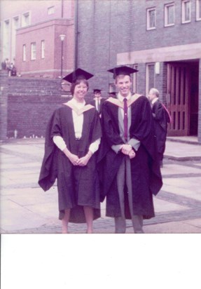 Pam and Gareth on their graduation day, outside Keele University's Chapel.