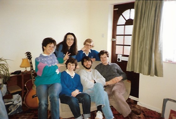 Pam at home in Sudbury, Suffolk with ex Keele Uni friends Lesley and Gareth (back row), Elizabeth, Bob and Pete (front row)