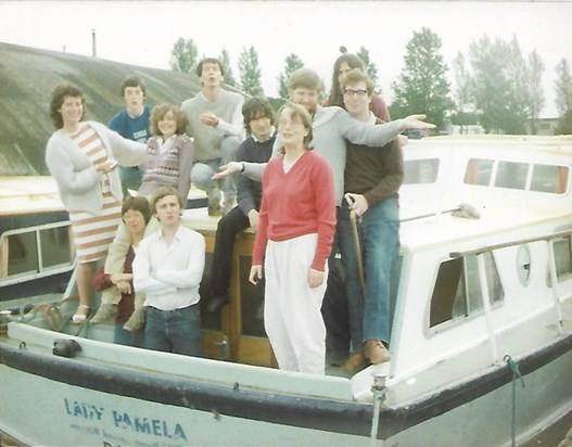 Pam in the thick of a group of Keele Uni friends on a boating holiday after graduation in 1984 (P.S. note the name of the boat!)