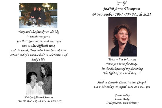 Order Of Service, Judy Thompson's Funeral 