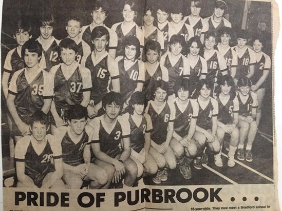 Pride of Purbrook Volleyball teams in 1984/85 ish.... with Stroph front row, 2nd from the left. 