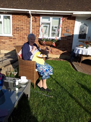 VE day celebrations on her boys front lawn champagne,1940's fruit loaf and tunes of Glen Miller,lovely memory.x 