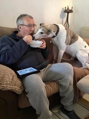 Stealing daddy’s food.