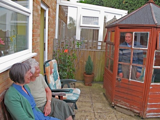 Dad, living with dementia, but being his usual funny, lovely, adorable self, in the summer house