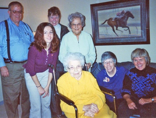 Winnie with Aunt Helen Pohl and Pohl and Lang cousins at Aunt Helen's 102nd birthday party in 2005