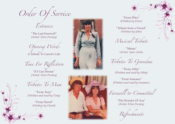 Carrol Arnold Order of Service Page 2, for people who could not make it to the funeral