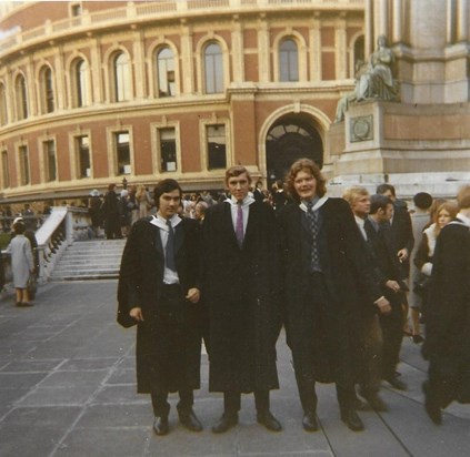 Graduation Day 1973. At the Albert Hall with David Robinson and Ron George.