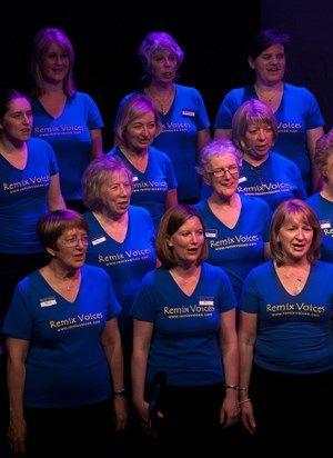 Jenn singing with friends in Remix Voices choir at The Electric Theatre, Guildford