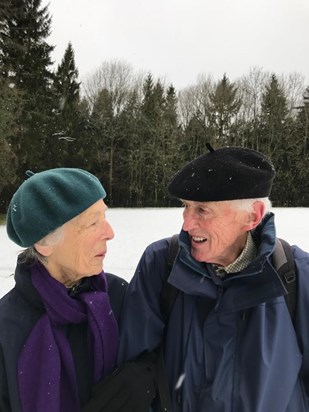 Mum with Dad on a cold, snowy walk to Sissinghurst - a round walk of 6 miles - in 2017, in their late eighties. 
