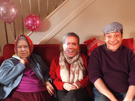 Rebecca's 21 birthday party. Mum is the Queen. Is it Sonia and Michael with the Cliff Richard and Del Boy mask?