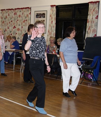 Line dancing at her 70th party, September 2015