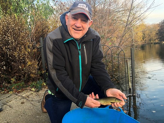 John Vincent at the South Norwood Lake, Dec 2020, releasing Tench and Bream in memory of his late mother