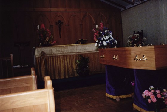 Leonard Cheshire's coffin resting in chapel Cavendish, prior to his Requiem Mass