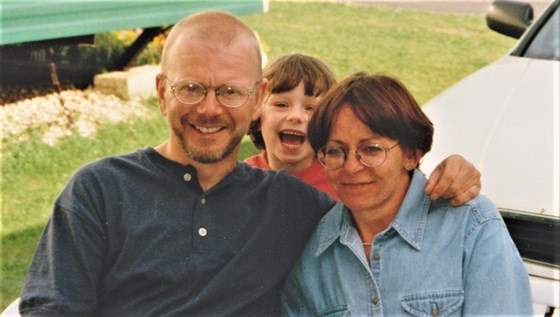 Gower, 1997, with her dear friend Richard, and our photo-bombing daughter!