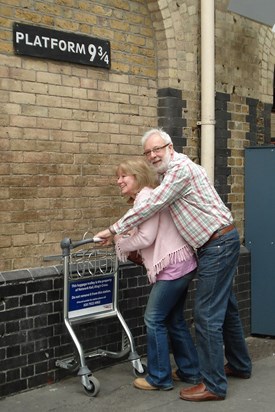 Christine and Dad at St. Pancras platform 9 and three quarters 