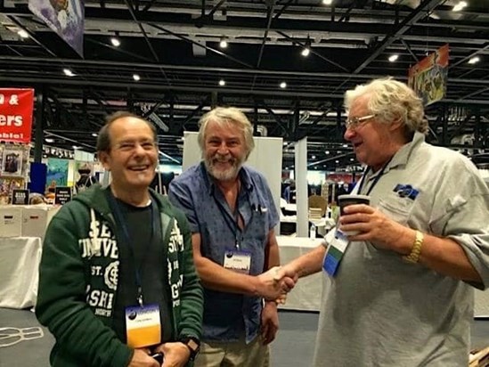 Loncon 2014...Christos having a good laugh at Chris Foss's wit! A bearded Jim Burns behind