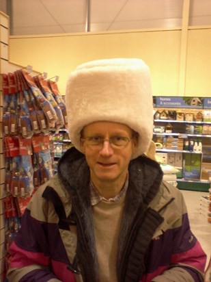 Gwil at Pets At Home In 2011 - He had to put the cat box on his head for a laugh!