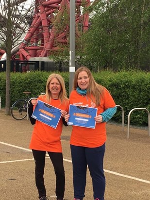 April 2018 Claire and Anne proudly displaying certificates for abseiling The Orbit