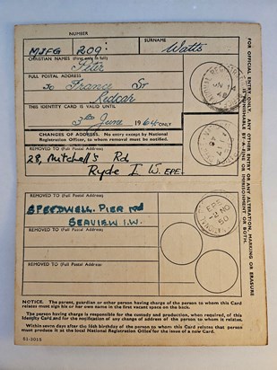 Dad's ration book showing his move from Yorkshire to the Isle of Wight 