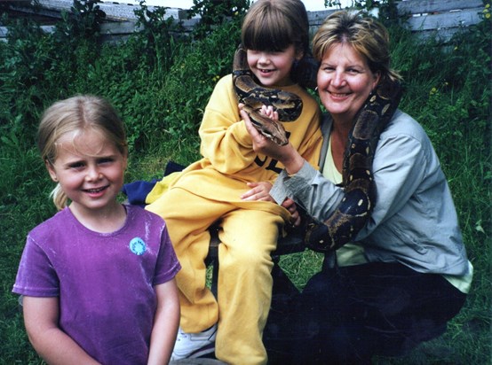 Friendly Boa Constrictor: Patricia with two of her great nieces at Eagle Heights' Bird of Prey sanctuary