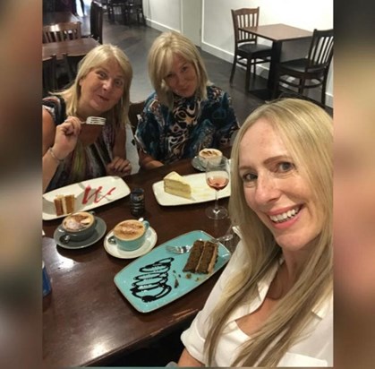 Pat, Lynne and Lisa enjoy coffee and cake