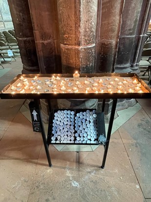 Lynne lit a candle for Pat when she visited Chester Catherdral