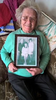 Nan with Old Photo of Kevin and Sue
