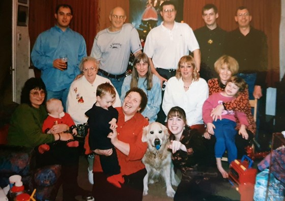 Mum with Dad's family (Dad is taking the photo), Horsforth, 1990s