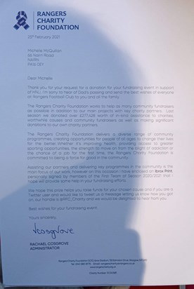 Letter from Ibrox for signed picture to raise money for HNLI