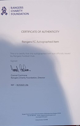 Letter from Ibrox for signed picture to raise money for HNLI