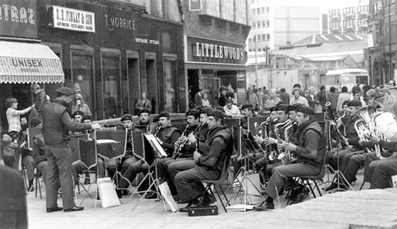 Bert conducting the Band of HM Royal Marines Commando Forces Plymouth. Belfast City Centre, late 1970's. 