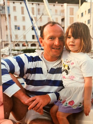 Alastair with Ellie in Alghero marina Sardinia 1993