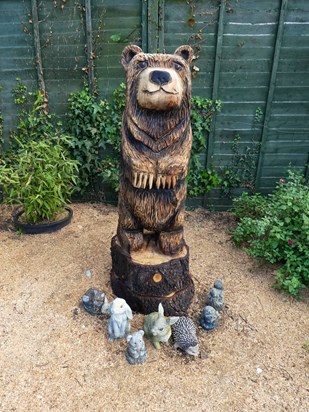 Junes tribute bear.. carved from the tree in our garden